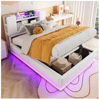 Flieks Polsterbett, Hydraulisches Stauraumbett Kinderbett 90x200cm mit LED und Aufladen