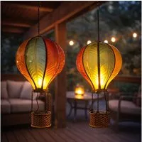 Expo Börse LED Solarleuchte, LED-Leuchtmittel fest verbaut, Warmweiß, Solar Heißluftballon Hängelampe LED Garten Flammeneffekt 2er Set