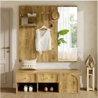 Flieks Garderoben-Set Wandgarderobe mit Schubladen, Schuhregal, Sitzbank, 5 Haken, Spiegel, (B120xT35xH159 cm), Kompaktgarderobe Flurschrank Einganschrank Flurmöbel-Set Holzoptik