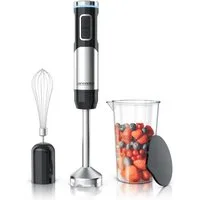 Arendo Akku-Stabmixer Edelstahl Pürierstab, Handmixer, stufenlose Regelung, Li-Ionen-Akku, 200 W, mit Schneebesen, Messbecher, 4-Klingen-Messer, Mixfuß, Tastensperre