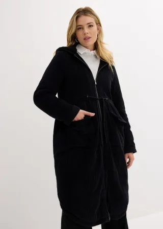 bonprix Cord-Mantel mit Teddy-Fleece Kapuze aus reiner Baumwolle, schwarz, Gr.46, Herbstlicher Cord-Parka aus 100% Baumwolle mit mit Teddy-Fleece Kapuze, aus 100% Baumwolle,Cord