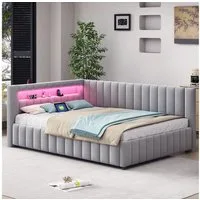 Flieks Daybett, Polsterbett Schlafsofa 140x200cm mit LED Beleuchtung USB-Ladeanschluss
