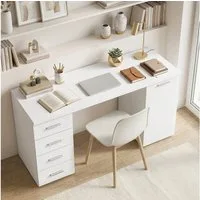 HOMCOM Schreibtisch Moderner Bürotisch (1 Tisch, 1-St., PC Tisch), 140 cm breit, 4 Schubladen, Schrank, höhenverstellbares Regal