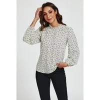 FS Collection Langarmbluse Damen Bluse hochgeschlossenes Oberteil mit Rüschendetail & Blumendruck (XS (UK 8 / EU 36) S (UK 10 / EU 38) M (UK 12 / EU 40) L (UK 14 / EU 42) XL (UK 16 / EU 44, 7 Farben) Leicht, Glatt, Formbeständig und angenehm zu trage
