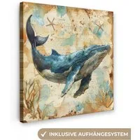 OneMillionCanvasses® Leinwandbild Vintage - Wal - Aquarell - Blau - Meerestiere, Fotodruck (1 St), Wandbild, Deko Schlafzimmer Wohnzimmer Flur 20x20 cm