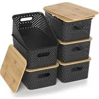 BlingBin Aufbewahrungsbox 6er-Set Aufbewahrungskorb mit Bambus Deckel, 5L Kunststoff Korb (6er Set, 6 St., 25,4 × 18,4 × 10,7 cm), Küchen Aufbewahrungsboxen für Regale, Schränke, Schränke und Zuhause