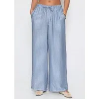 SASSYCLASSY Stoffhose Wide Leg Hose mit Streifen und Bindeband Damen Fließende Stoffhose mit Eingriffstaschen in High Waist Sitz Blau
