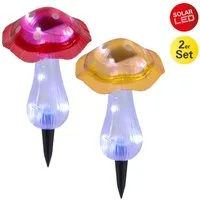 näve LED Solarleuchte Mantar, Tageslichtsensor, LED fest integriert, Kaltweiß, 2er Set Dekoerdspieß Pilze rot und gelb, Dämmerungssensor, kaltweiß