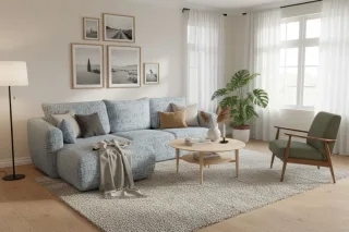Ecksofa mit Schlaffunktion RUDEN Sofa in Stoff Bello Hellblau Ottomane Links