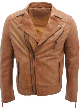 Schmal geschnittene Bikerjacke aus Leder im Brando-Stil mit Kreuzreißverschluss