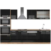 Vicco Küchenzeile R-Line Schwarz Hochglanz/Eiche 300cm + Hochschrank ohne Arbeitsplatte