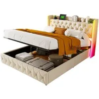 FUROKOY Stauraumbett Hydraulisches Funktionsbett mit LED-Beleuchtung (1-tlg., Polsterbett Doppelbett 160x200 cm mit Kopfteil und Ladeanschluss), Vintage-Knopfdesign, Ohne Matratze, Samt, Beige