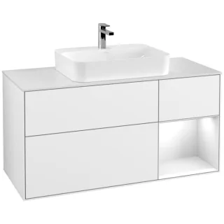 Villeroy und Boch Finion Waschtischunterschrank G421GFGF 120cm, Abdeckplatte white matt, Emotion, Regal rechts Glossy white, Glossy white lacquer