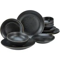 CreaTable Teller-Set Geschirr-Set Industrial (12-tlg), 4 Personen, Steinzeug, Teller Set, Service, schwarz, Goldrand, 12 Teile, für 4 Personen
