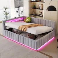 Merax Daybett 140x200 cm mit hydraulischem Stauraum (1 tlg), Polsterbett Tagesbett Schlafsofa mit LED, USB & Rückenlehne, Samt
