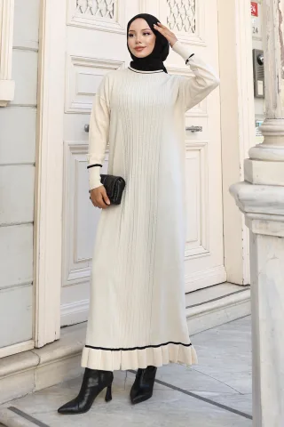 Stein Detailed Cuff Strick Kleid Weiß