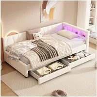 Merax Daybett (Schlafsofa Polsterbett, 1 tlg), Tagesbett 90x200cm mit LED, USB-C & Schubladen, Leinen