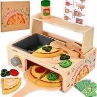 CLTYQ Spielküche 50-teiliges Pizzaspielzeug aus Holz,Pizzatisch-Set aus Holz mit Ofen, Spielessen und Zubehör,Montessori-Spielzeug,Küchenspielzeug für Kinder