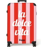 NoBoringSuitcases.com© Hartschalen-Trolley Rote und rosa Streifen mit dem Zitat "la dolce vita". 77 cm - 98 L, 8 Rollen, Hartschalenkoffer Groß für 30kg, Frauen Reisekoffer Trolley