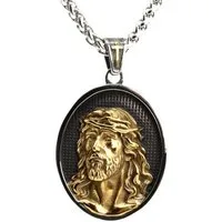 DALMARO Kette mit Anhänger Lederkette Edelstahlkette 316L GOLDEN JESUS, Herren Halskette Biker / Wikinger Kette - Schmuckbox
