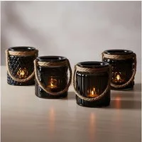 Levandeo® Teelichthalter, 4er Set Windlicht Glas Schwarz H10cm Teelichthalter Tischdeko Kerzen