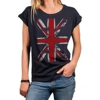 MAKAYA Print-Shirt Damen Top mit Union Jack Fahne - UK Flagge Großbritannien England (Vintage Aufdruck, schwarz, blau, grau) große Größen