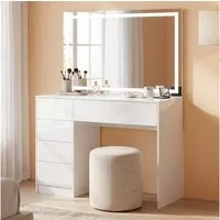 Bellamio Schreibtisch Livny mit 5 Schubladen beidseitig montierbar (mit Schminkspiegel & umlaufenden LED-Strip, weiß), 80x53x110 cm, 3 Farbstufen mit Touch-Sensor