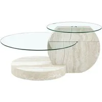 gopop Couchtisch 2er Set, Rundes Glas-Beistelltisch Wohnzimmertisch mit Stauraum, 6 mm Hartglasplatten, MDF-Basis, 90x70 cm