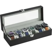 SONGMICS Uhrenbox 6 Fächern, Uhrenkasten, herausnehmbare Uhrenkissen, 11,2 x 30 x 8 cm, Glasdeckel, Geschenkidee, PU-Bezug, Samtfutter