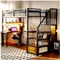 Odikalo Hochbett Metall-Hochbett, Jugendbett mit Schreibtisch und LED-Beleuchtung (90 x 200 cm, Mit Lichtleiste und Ladebuchse, Mit Stauraumleiter und einfachem Kleiderschrank, Komplett mit Regalen, Schreibtisch und Gitterregal)