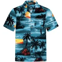Hawaiihemdshop.de Hawaiihemd Hawaii Hemd Herren Baumwolle Kurzarm Hawaiihemd mit Palmen und Meer