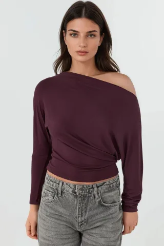 Asymmetrischer Kragen Langarm Elastisches Strick-T-Shirt