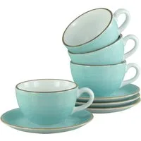 CreaTable Cappuccinotasse Vintage Nature Aqua, Cappuccino-Set, 8-tlg., 8-tlg., Porzellan, Handgemalt, Gesprenkelt, Rustikales Außenband