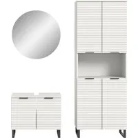 welltime Badmöbel-Set Litica, Breite 155 cm, hochwertige Rillenfräsung, Metallkufen, (3-St), best. aus.: Waschbeckenunterschrank, Spiegelschrank, Hochschrank