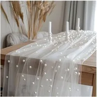 Agger Tischläufer Eleganter Tischläufer,Perlenverzierter Tischläufer aus Netz Tüllstoff, Tischdecke für Boho-Hochzeit, Geburtstagsfeier,0.75*3m,transparent