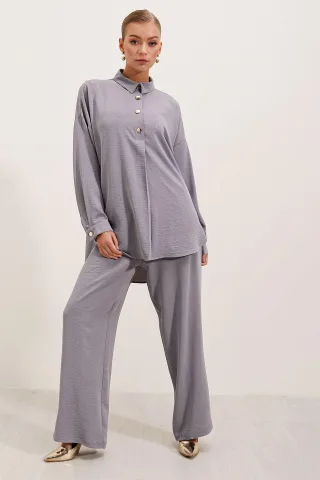 Strukturiertes Langarm-Hemd mit Knopfleiste und weiter Hose Set