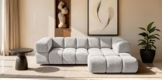 Ecksofa Designersofa BLANCHE in Stoff Puente Hellgrau Ottomane Rechts