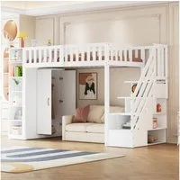 Odikalo Kinderbett Hochbett Jugendbett 90x200 mit Stauraum (Multifunktionales Hochbett 90x200cm mit Regalen, Stauschrank und großem Kleiderschrank, Sicherheitsleiter mit Ablagefächern, Grau + Rohholzfarben)
