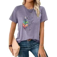 PYLIKE Print-Shirt Damen Böhmen Kurzarmshirt mit Feder Druck bequemes t shirt Bequem für Freizeit und Büro,Strandurlaub
