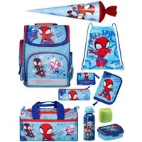 Familando Schulranzen Schulranzen SPIDEY 1.-4. Klasse ergonomisch, leicht, Volumen 15 Liter (10-tlg., inkl. Sporttasche und Schultüte / Zuckertüte 70cm), SPIDEY und seine Freunde, Blau