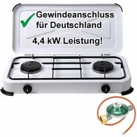 BlueCraft Gaskocher 2 flammig 50mbar Propan Gas Campingkocher 4,4 kW Gas-Kochfeld Gasherd, (mit Schlauch 100 cm und Gas Regler Druckminderer), Camping Gas Kocher 2 flammen für Gasflasche