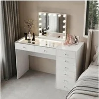 FENCHILIN Schminktisch mit 8 Schubladen und dimmbarem LED-Spiegel, 10-facher Lupe, Kosmetiktisch mit Glasplatte 120 x 55 x 81 cm