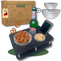 PEGSEN Tablett Couchbar Snackbox YOLO mit 2 Snackschalen Sofatablett, Multiplex Birkenholz, (Set, 3-tlg., Couchbar + 2 lebensmittelechte Glasschalen), alles steht sicher & stabil, vielseitig nutzbar, ideal für Sofa & Bett