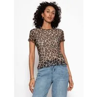 SASSYCLASSY T-Shirt Mesh Shirt mit Leo-Print für Damen Figurbetontes T-Shirt mit gewellten Abschlüssen an Saum und Ärmeln