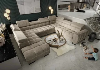 Wohnlandschaft Schlafsofa BASTIEN XL in Stoff Terra Beige Ottomane Links