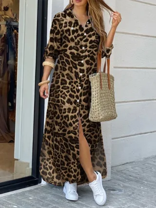 ZANZEA Leopard Print Button Up Shirt Dress for Women, Elegant Long Sleeve Dress For Spring & Fall, Women Lapel Button Lo