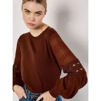 Apricot Rundhalspullover Pullover mit kontrastierenden Ärmeln mit Spitze