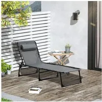 Outsunny Gartenliege mit Kopfkissen, Seitentasche, 5-Fach verstellbare Rückenlehne, Sonnenliege klappbar, 1 St., wetterfeste Liegestuhl, bis 120 kg belastbar, für Garten Strand Pool, Grau