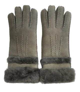 Damenhandschuhe aus echtem, grauem Schaffell und Wildleder mit aufrollbaren Bündchen