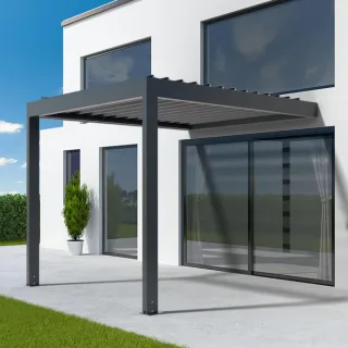 Pergola 4x4 m, elektrisch, mit Motor, Anbaupergola aus Aluminium, Anthrazitgrau RAL 7016, 4000x4000 mm